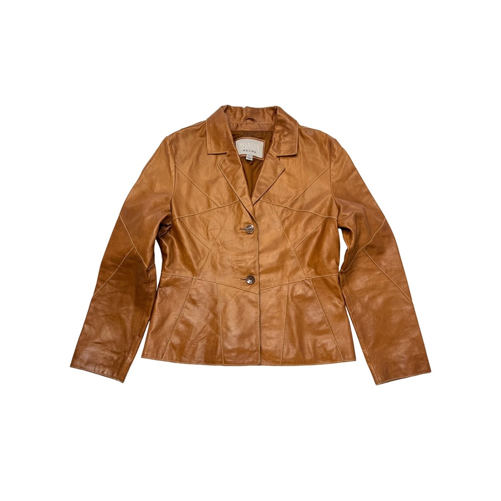 Wilsons Genuine Leather Maxima Vintage Camel Brown Patchwork Blazer Jacket L